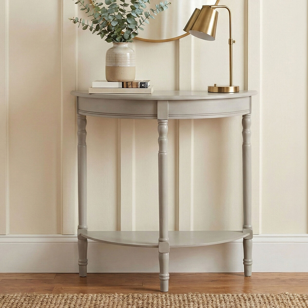 Grey Putty Pine Wood Half Moon Console Table with Open Lower Shelf and Carved Spindle Legs, Heritage