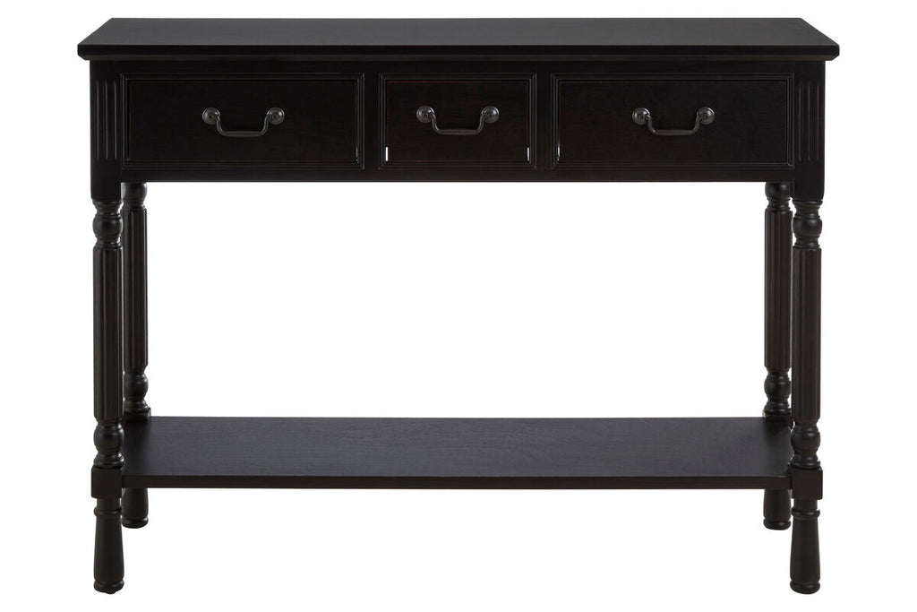 Vintage Black Wooden Three-Drawer Console Table with Bottom Storage Shelf and Carved Spindle Legs | Heritage