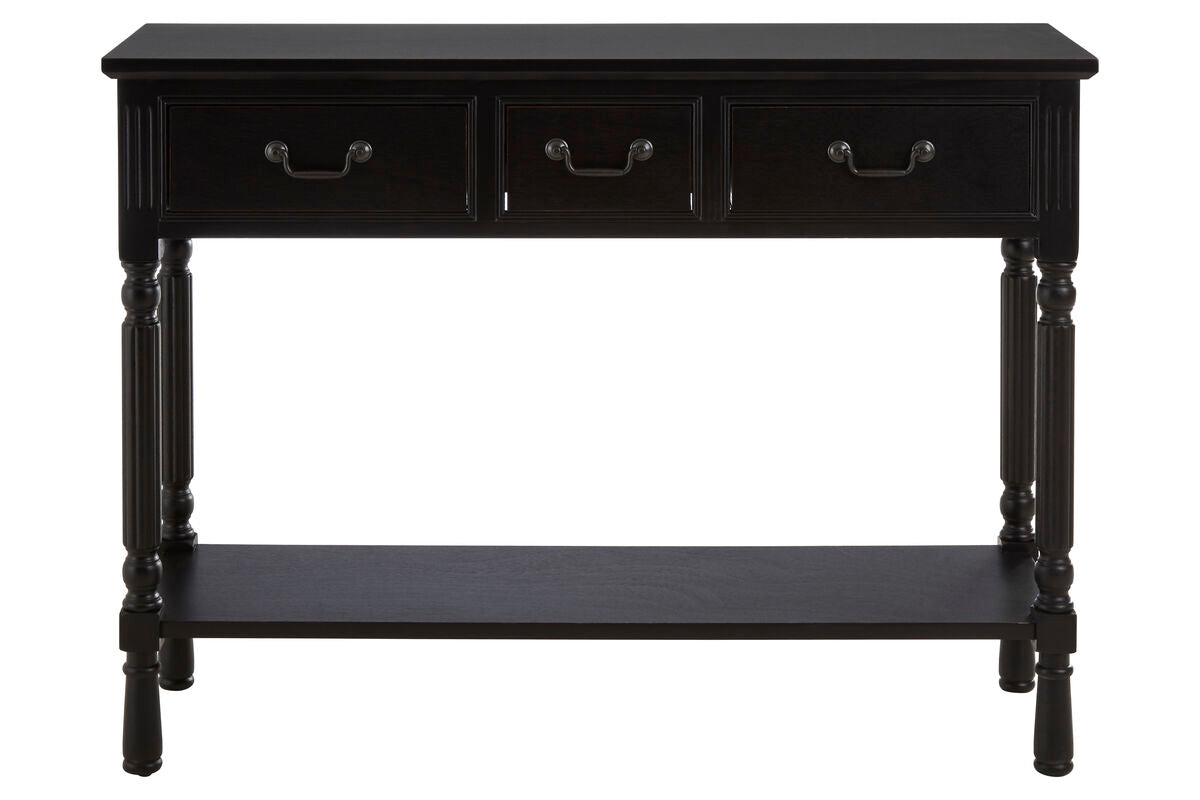 Vintage Black Pine Wood Three-Drawer Console Table with Bottom Storage Shelf and Carved Spindle Legs, Heritage