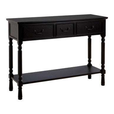 Vintage Black Wooden Three-Drawer Console Table with Bottom Storage Shelf and Carved Spindle Legs | Heritage