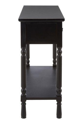 Vintage Black Pine Wood Three-Drawer Console Table with Bottom Storage Shelf and Carved Spindle Legs, Heritage