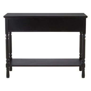 Vintage Black Wooden Three-Drawer Console Table with Bottom Storage Shelf and Carved Spindle Legs | Heritage