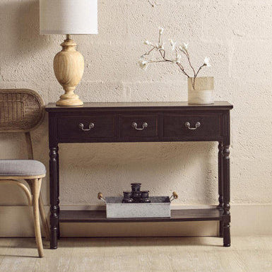 Vintage Black Pine Wood Three-Drawer Console Table with Bottom Storage Shelf and Carved Spindle Legs, Heritage