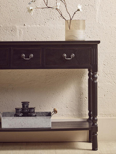 Vintage Black Pine Wood Three-Drawer Console Table with Bottom Storage Shelf and Carved Spindle Legs, Heritage