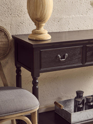 Vintage Black Wooden Three-Drawer Console Table with Bottom Storage Shelf and Carved Spindle Legs | Heritage