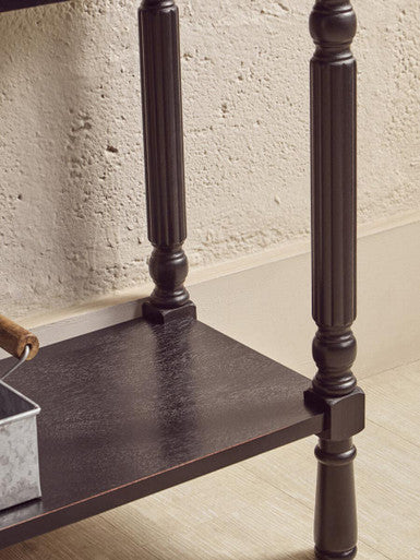 Vintage Black Pine Wood Three-Drawer Console Table with Bottom Storage Shelf and Carved Spindle Legs, Heritage