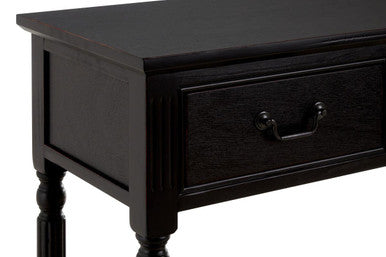Vintage Black Pine Wood Three-Drawer Console Table with Bottom Storage Shelf and Carved Spindle Legs, Heritage