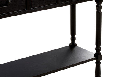 Vintage Black Wooden Three-Drawer Console Table with Bottom Storage Shelf and Carved Spindle Legs | Heritage