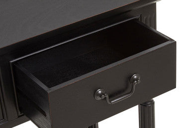 Vintage Black Wooden Three-Drawer Console Table with Bottom Storage Shelf and Carved Spindle Legs | Heritage