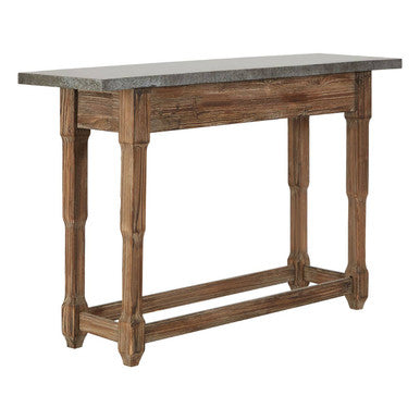 Grey Metal Top Console Table with Natural Carved Wooden Legs, Elementary