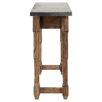 Grey Metal Top Console Table with Natural Carved Wooden Legs, Elementary