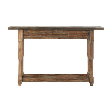 Grey Metal Top Console Table with Natural Carved Wooden Legs, Elementary