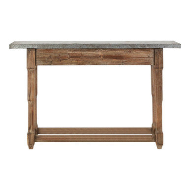 Grey Metal Top Console Table with Natural Carved Wooden Legs, Elementary