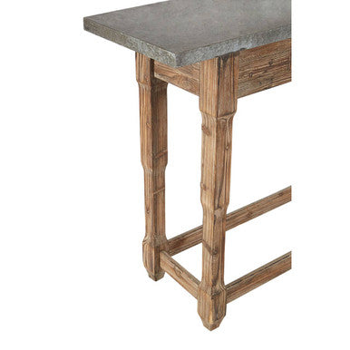 Grey Metal Top Console Table with Natural Carved Wooden Legs, Elementary