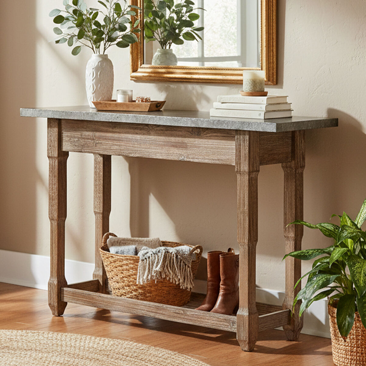 Grey Metal Top Console Table with Natural Carved Wooden Legs, Elementary
