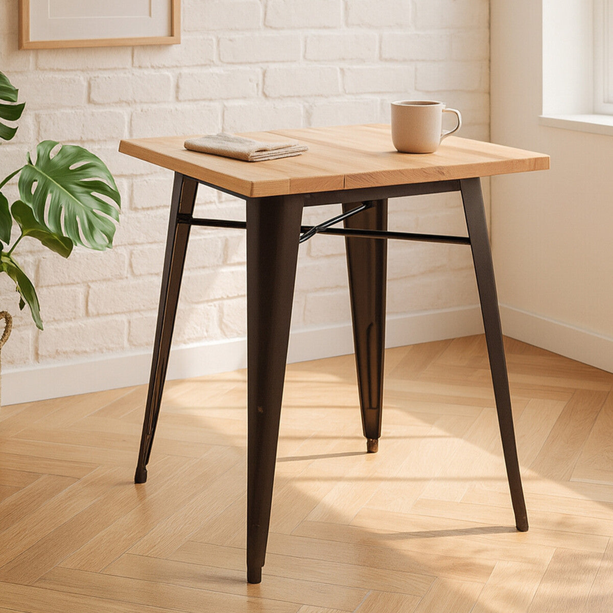 Natural Grain Wood Top Side Table with Crackle Copper Finish Gold Metal Legs, Aldgate