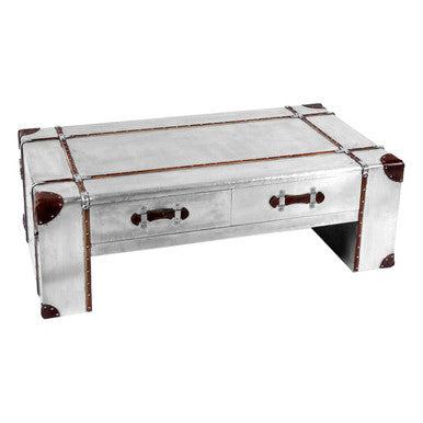 Silver Aluminium and Brown Faux Leather Finish Coffee Table with 2 Drawers, Avro