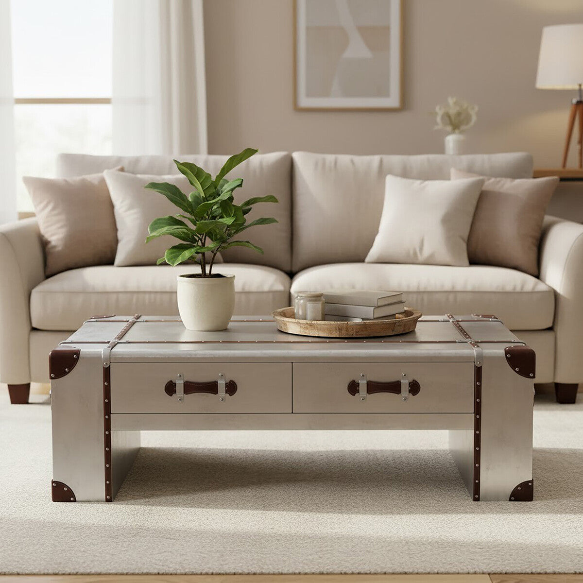 Silver Aluminium and Brown Faux Leather Finish Coffee Table with 2 Drawers, Avro