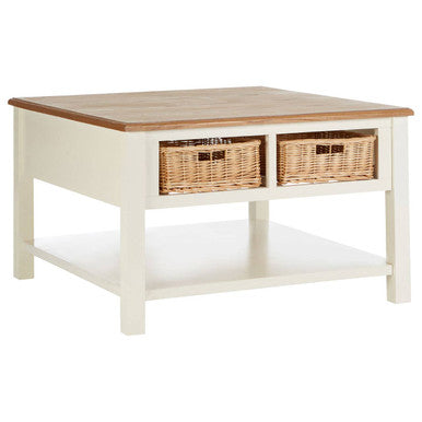 Cream Wood Coffee Table with 2 Rattan Storage Baskets, Dorset