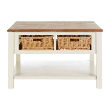 Cream Wood Coffee Table with 2 Rattan Storage Baskets, Dorset