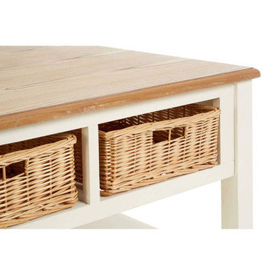 Cream Wood Coffee Table with 2 Rattan Storage Baskets, Dorset