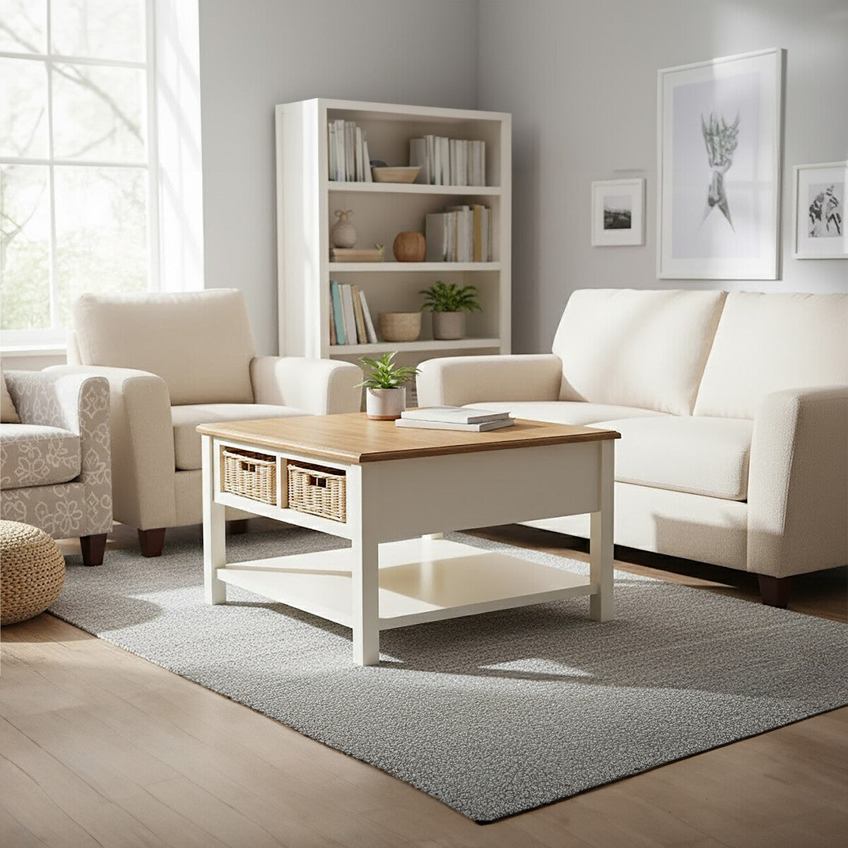 Cream Wood Coffee Table with 2 Rattan Storage Baskets, Dorset