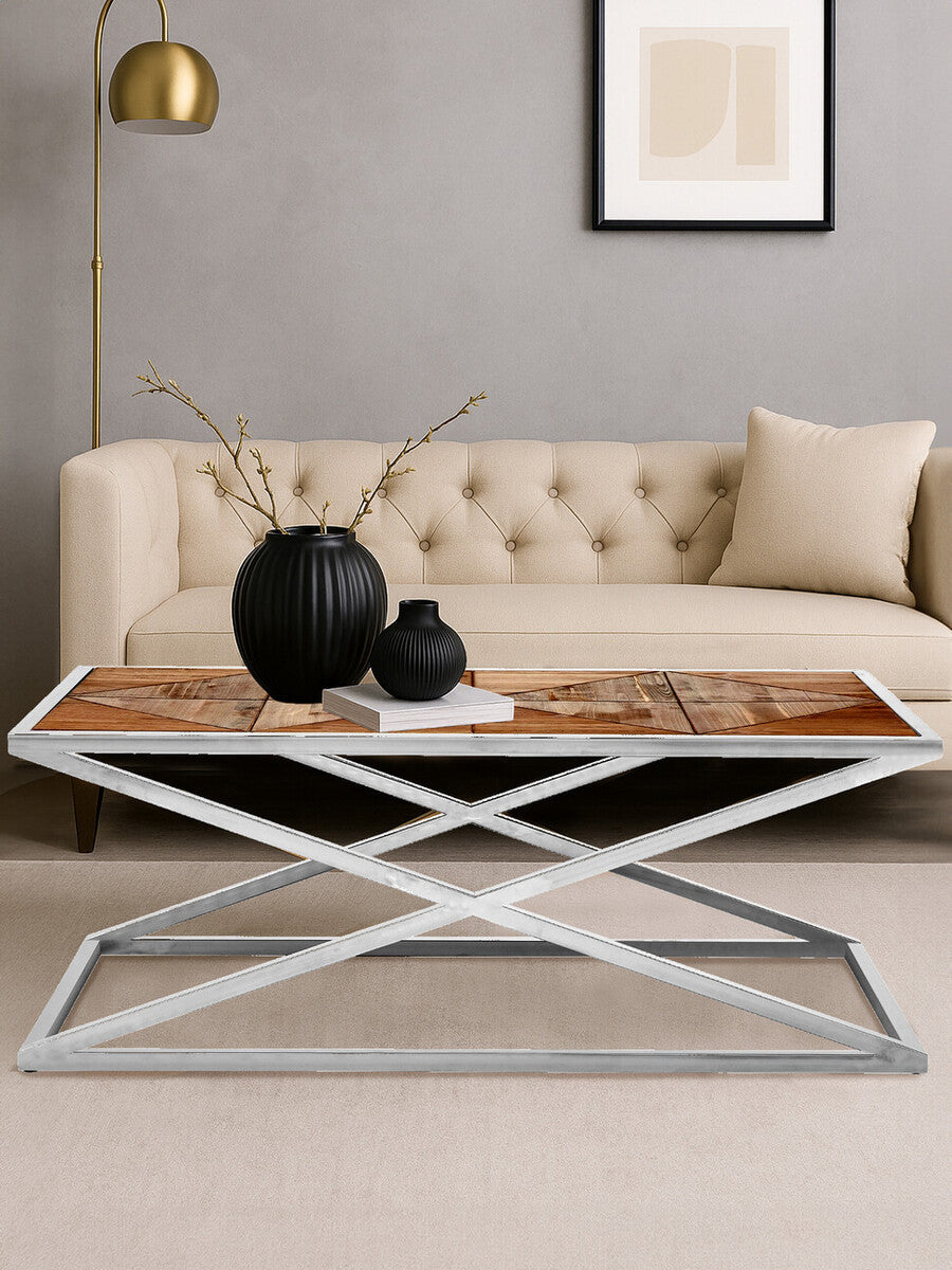 Natural Rectangular Coffee Table with Cross Frame Design, Hudson
