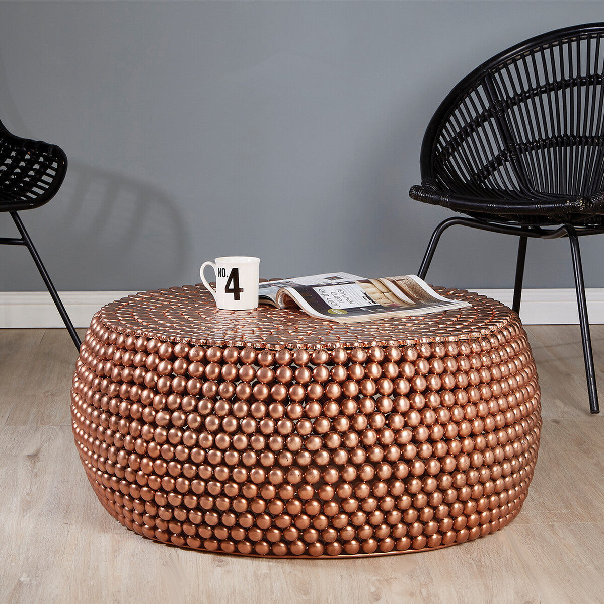 Gold Interlinked Beaded Iron Copper Finish Coffee Table, Templar