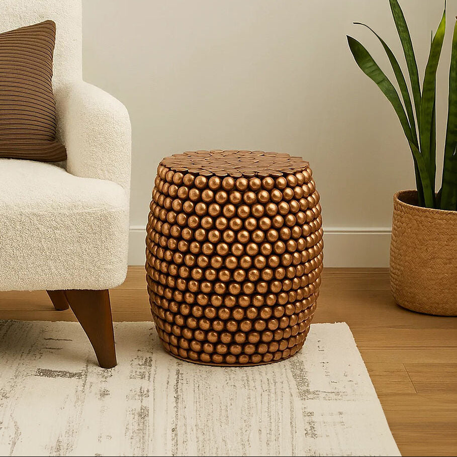 Templar Copper Iron Side Table and Stool with Beaded Design