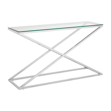 Clear Tempered Glass Top Console Table with Stainless Steel Criss Cross Base, Montril