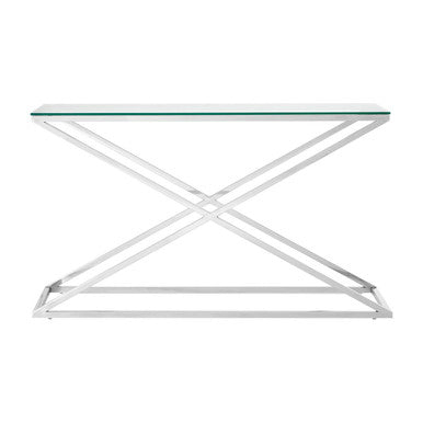 Clear Tempered Glass Top Console Table with Stainless Steel Criss Cross Base, Montril