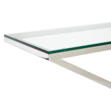 Clear Tempered Glass Top Console Table with Stainless Steel Criss Cross Base, Montril