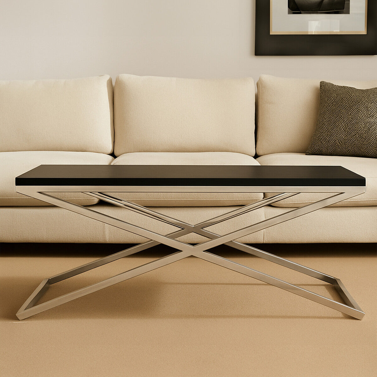 Black Leather Effect Rectangular Coffee Table with Cross Frame Design, Tribute