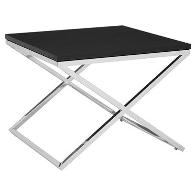 Black Leather Effect End Table with Cross Frame Design, Tribute