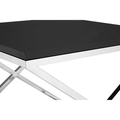 Black Leather Effect End Table with Cross Frame Design, Tribute
