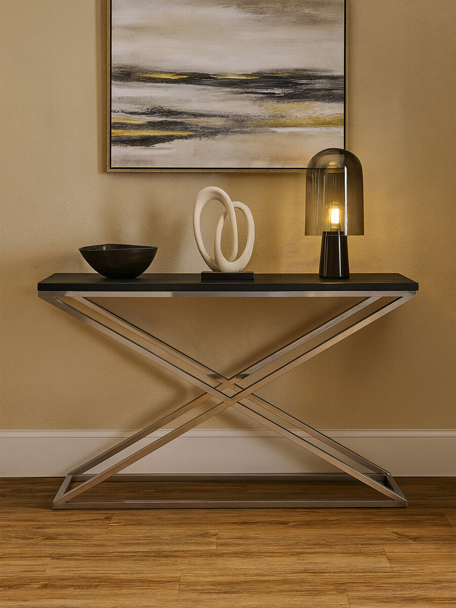 Black Leather Effect Console Table with Cross Design, Tribute
