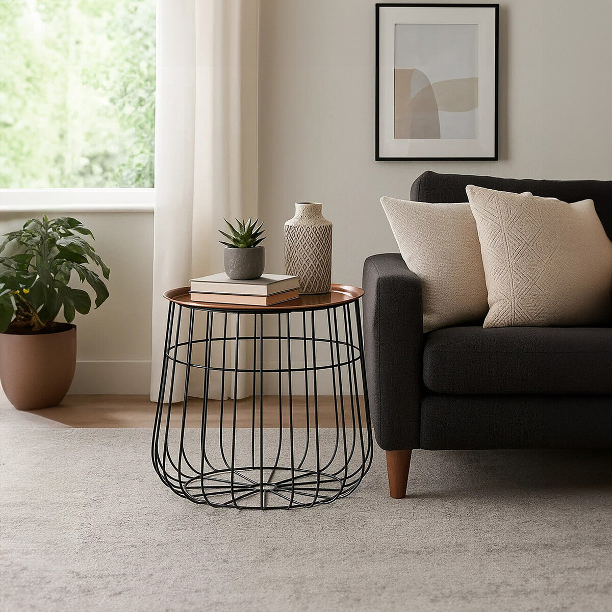 Gold Finish Copper Tray Top and Black Finish Base Side Table, Templar