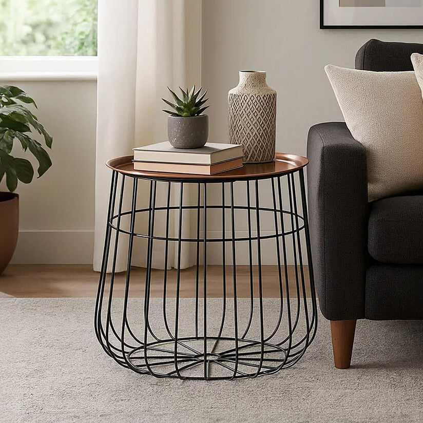 Gold Finish Copper Tray Top and Black Finish Base Side Table, Templar