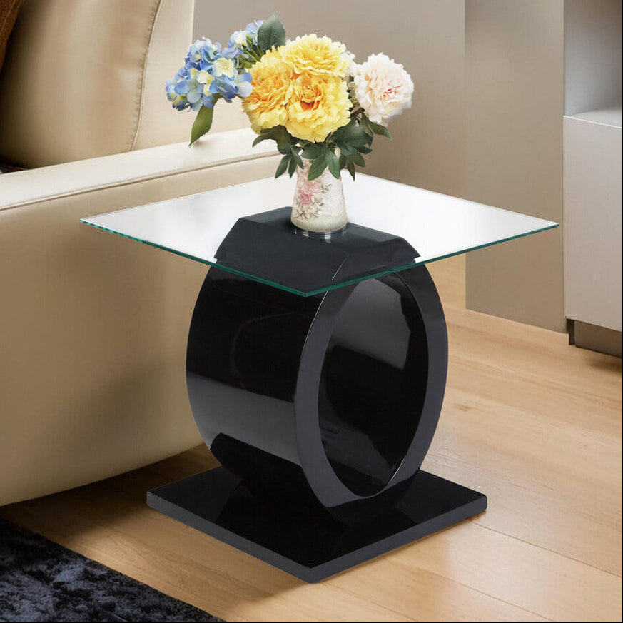 Tempered Glass Top O-Shaped Side Table with Black MDF Base | Halo