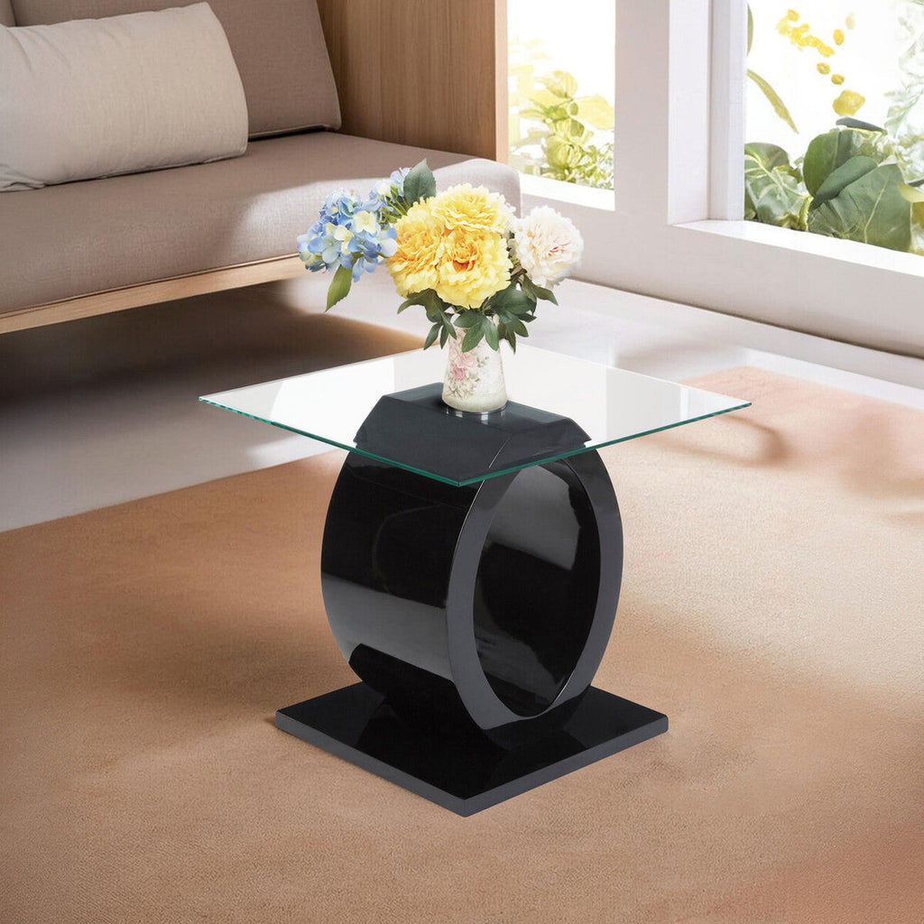 Tempered Glass Top O-Shaped Side Table with Black MDF Base | Halo