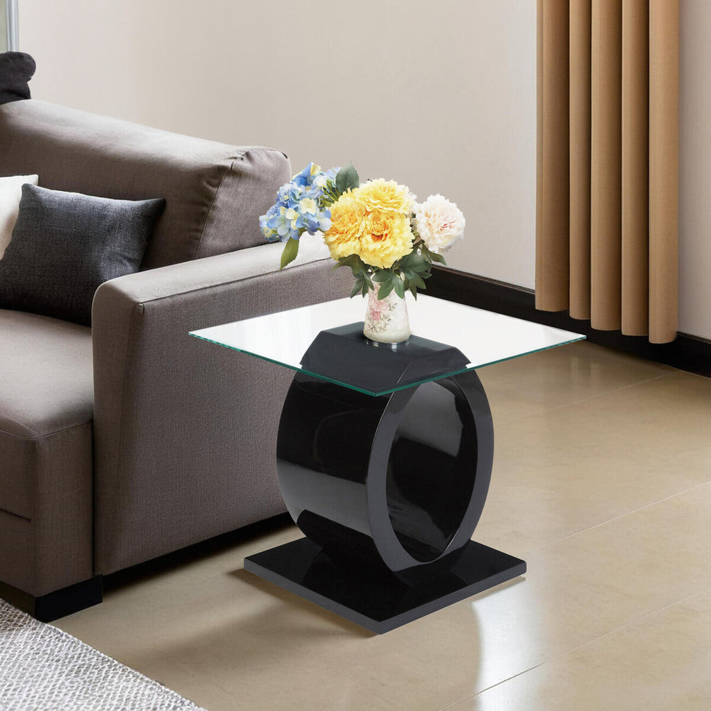 Tempered Glass Top O-Shaped Side Table with Black MDF Base | Halo