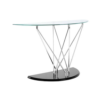 Tempered Glass Top Half Moon Console Table with Cross Chrome Metal Legs and Black Wooden Base, Halo