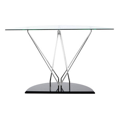 Tempered Glass Top Half Moon Console Table with Cross Chrome Metal Legs and Black Wooden Base, Halo