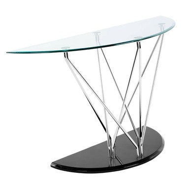 Tempered Glass Top Half Moon Console Table with Cross Chrome Metal Legs and Black Wooden Base, Halo