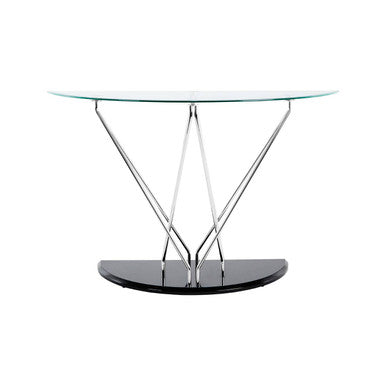Tempered Glass Top Half Moon Console Table with Cross Chrome Metal Legs and Black Wooden Base, Halo