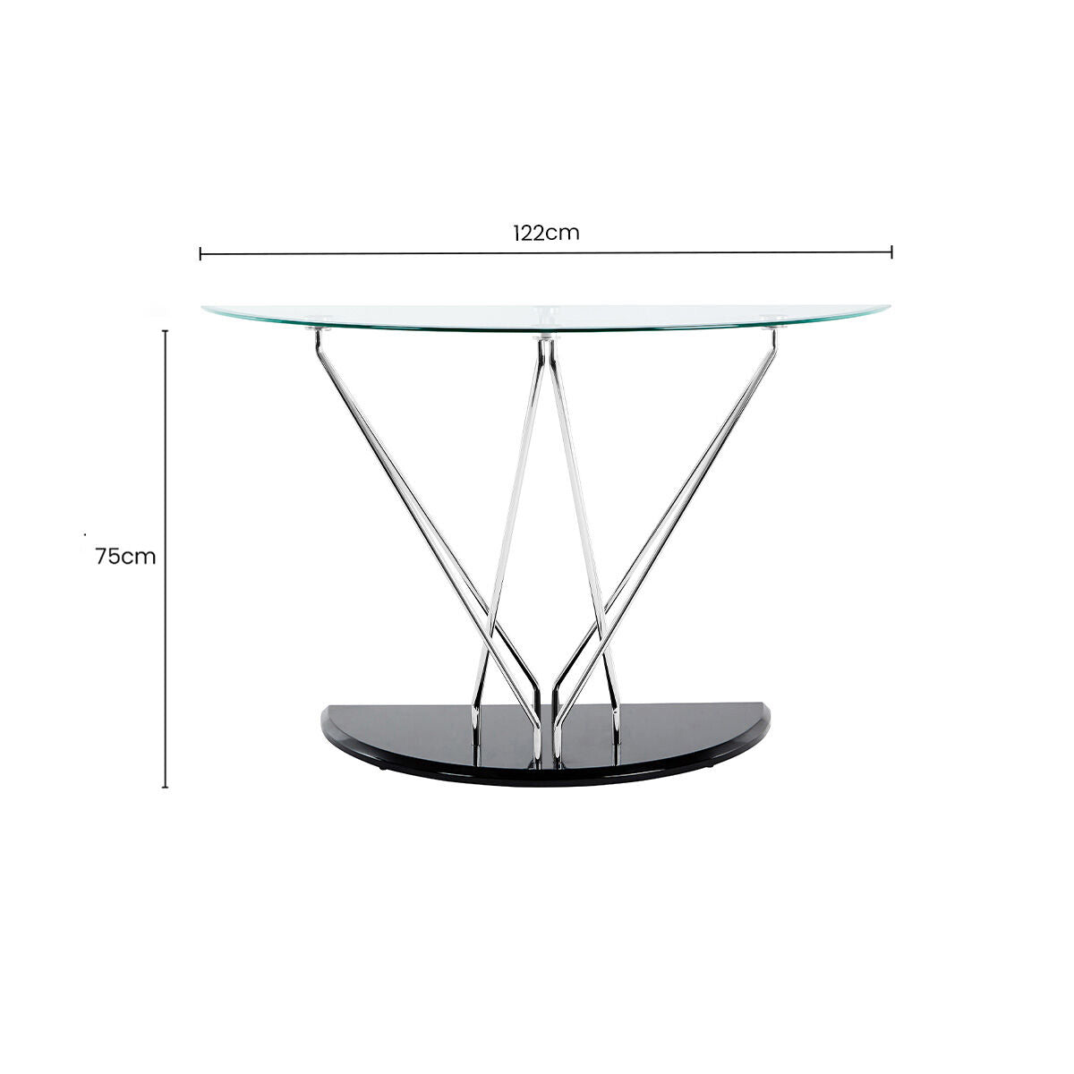 Tempered Glass Top Half Moon Console Table with Cross Chrome Metal Legs and Black Wooden Base, Halo