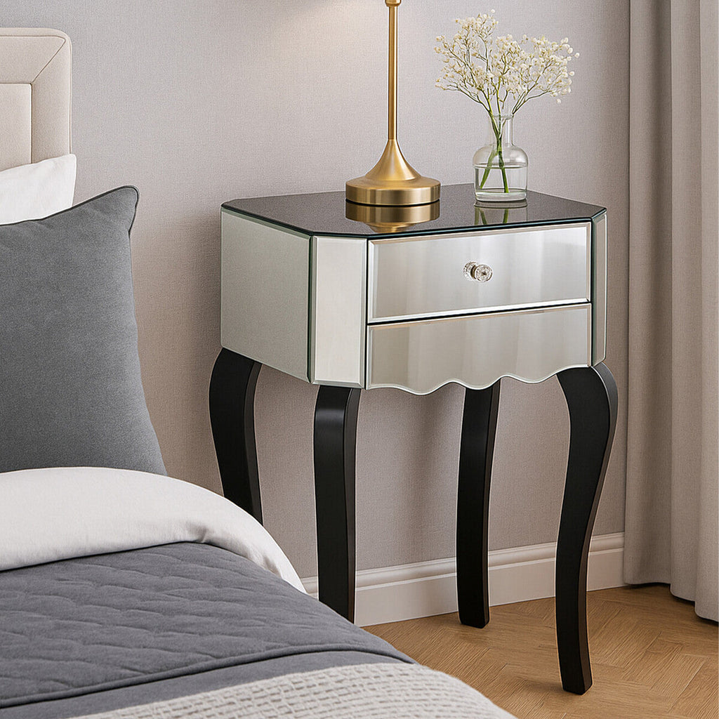 2 Drawer Mirrored Glass Side Top Bedside Table with MDF Base | Orchid