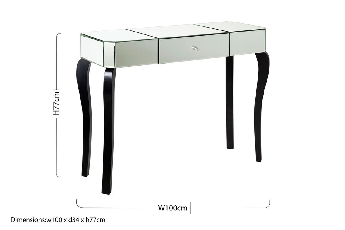 Mirrored Finish 1-Drawer Console Table with Bevelled Edge and Black Wooden Legs, Orchid