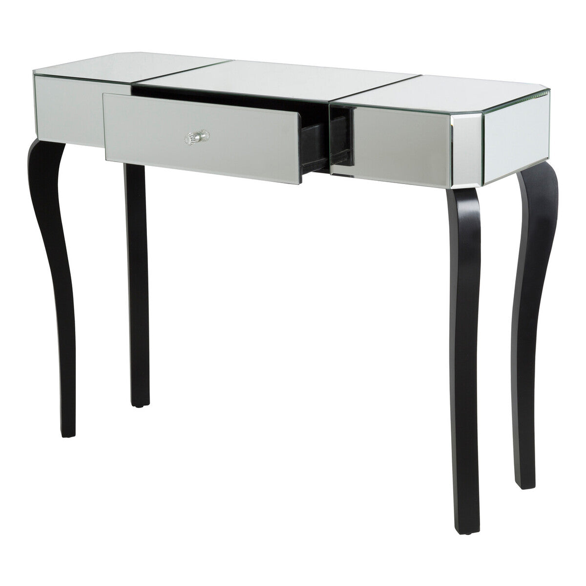 Mirrored Finish 1-Drawer Console Table with Bevelled Edge and Black Wooden Legs, Orchid
