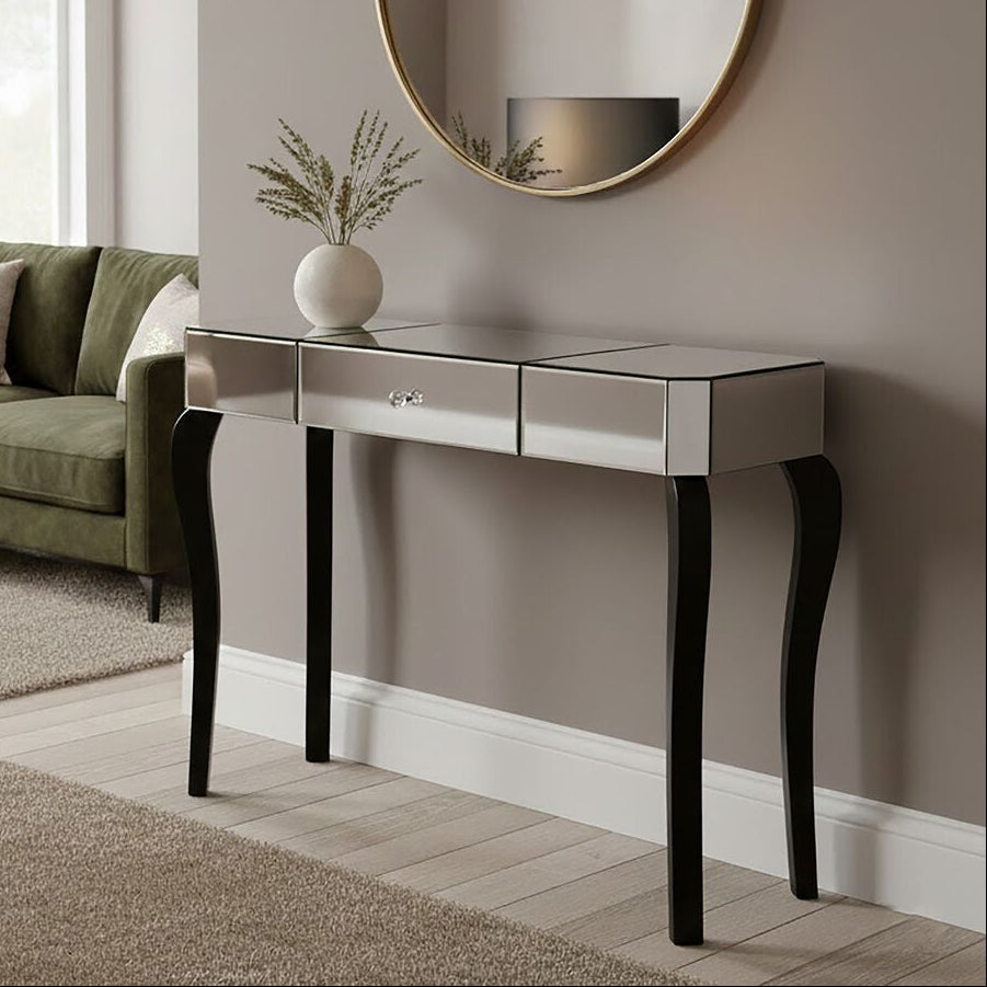 Mirrored Finish 1-Drawer Console Table with Bevelled Edge and Black Wooden Legs, Orchid